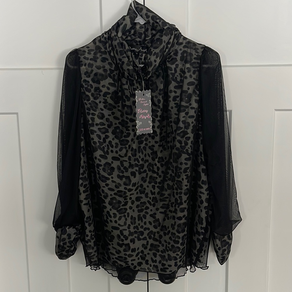 Hot Price - Pretty Angel Black sheer top Scrunched Neck with leopard print - Picture 2 of 5